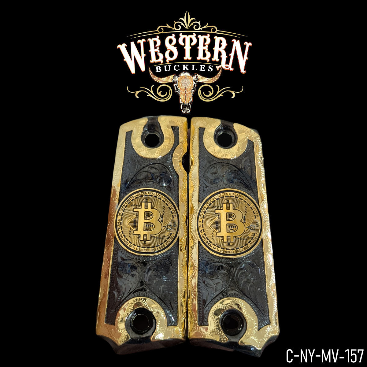 Custom gold and black Colt 1911 grips with Bitcoin logo and engraved detailing