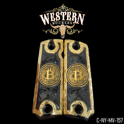 Custom gold and black Colt 1911 grips with Bitcoin logo and engraved detailing