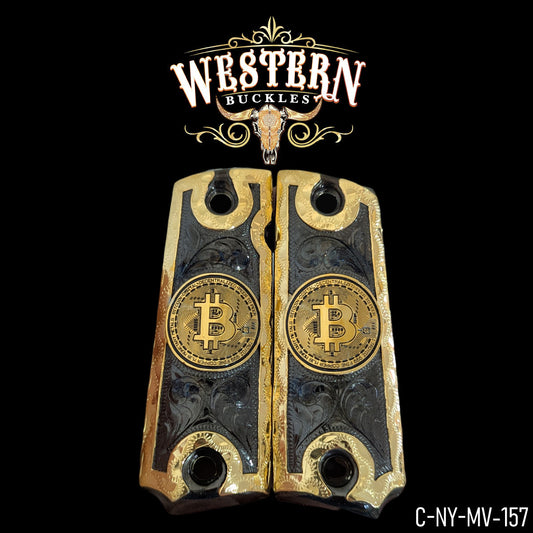 Custom gold and black Colt 1911 grips with Bitcoin logo and engraved detailing