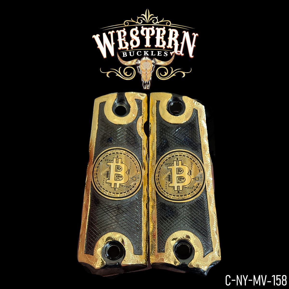 Black and gold custom Colt 1911 grips with Bitcoin design, Western Buckles style