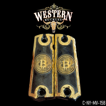 Black and gold custom Colt 1911 grips with Bitcoin design, Western Buckles style