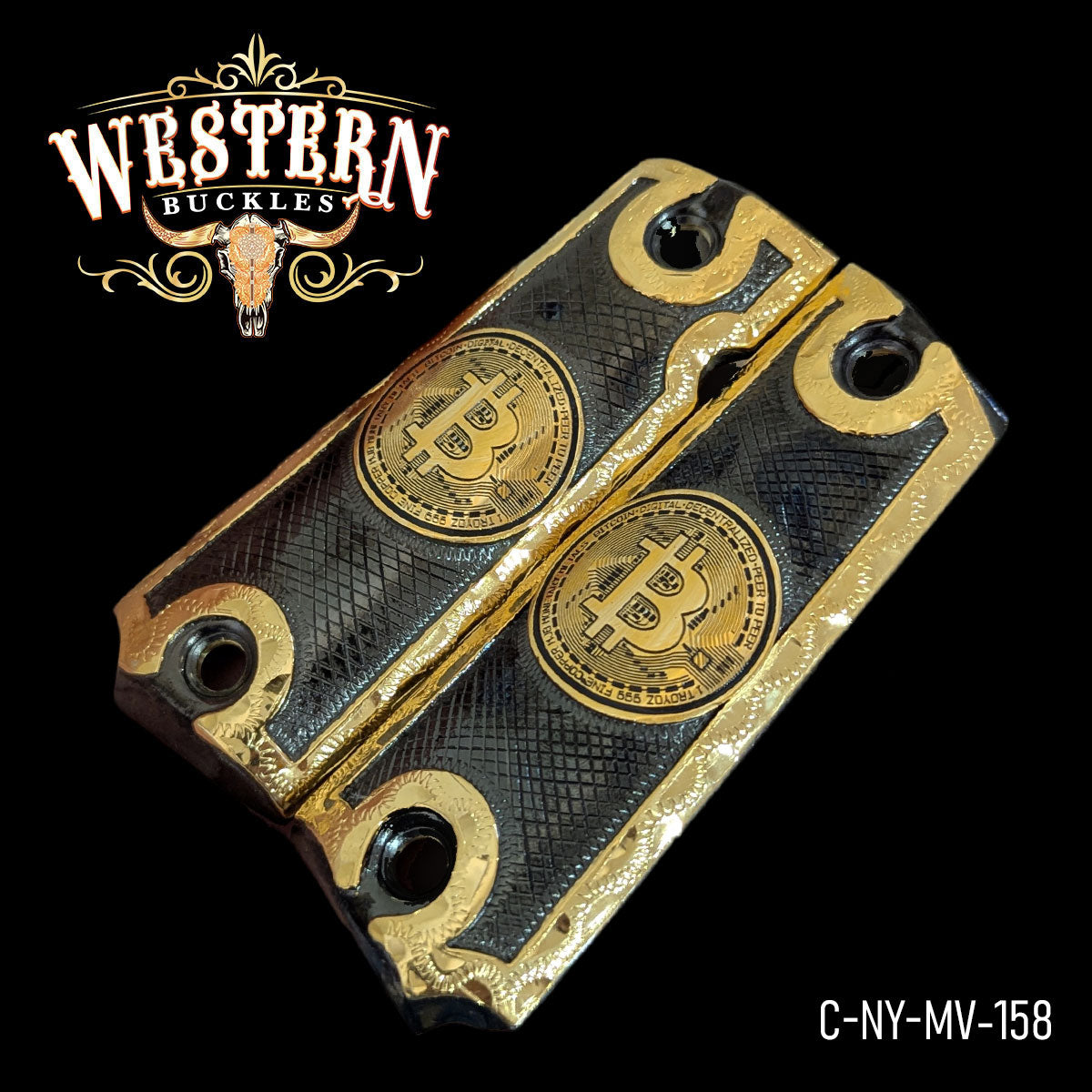 Custom Colt 1911 pistol grips with gold Bitcoin design and engraved black detail.