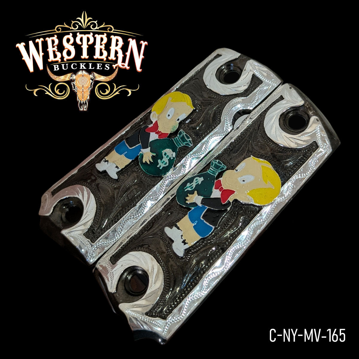 Custom engraved pistol grips with cartoon boy and money bag design, silver and black finish.