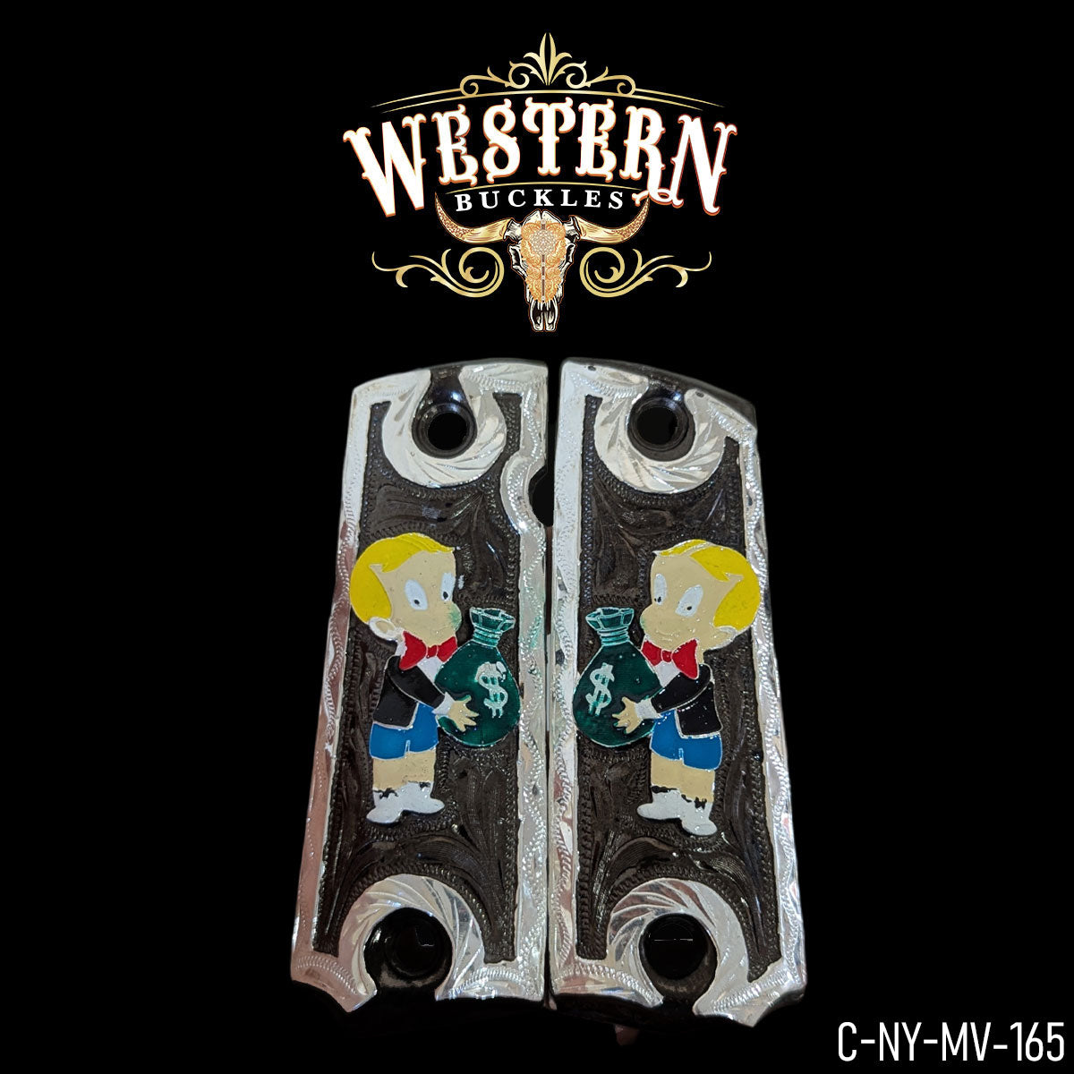 Custom pistol grips with cartoon boy holding money bags, engraved western style, model C-NY-MV-165.