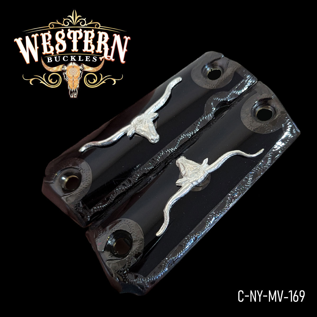 Black Colt 1911 pistol grips with silver longhorn design, western theme, model C-NY-MV-169