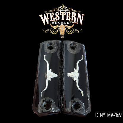 Black Colt 1911 pistol grips with silver longhorn design, western style, product code C-NY-MV-169.