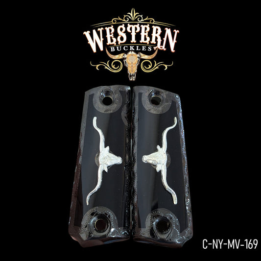 Black Colt 1911 pistol grips with silver longhorn design, western style, product code C-NY-MV-169.