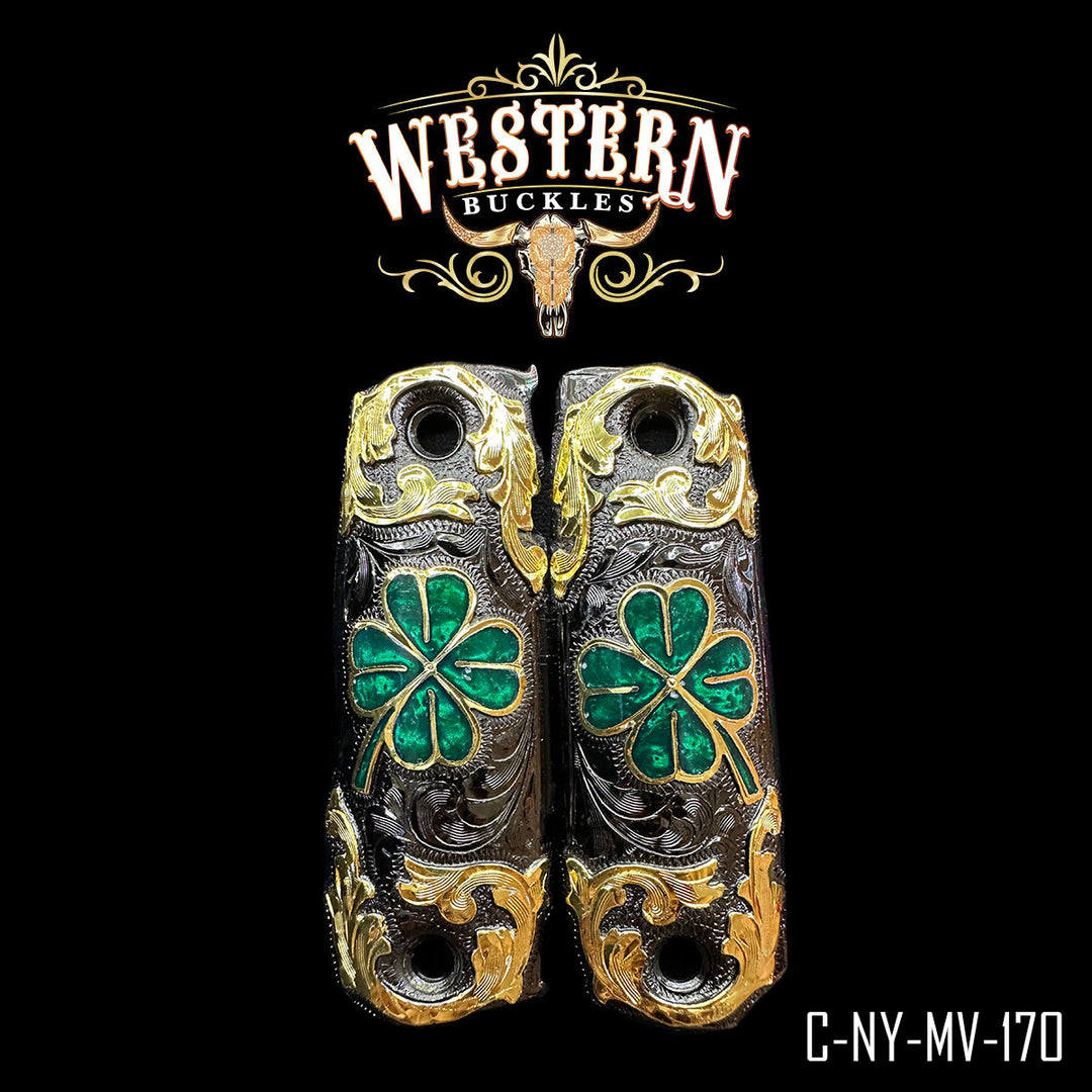 1911 Gun Grips — 24K Gold Plated & Black Nickel | Handcrafted by Western Buckles | SKU C-NY-MV-170