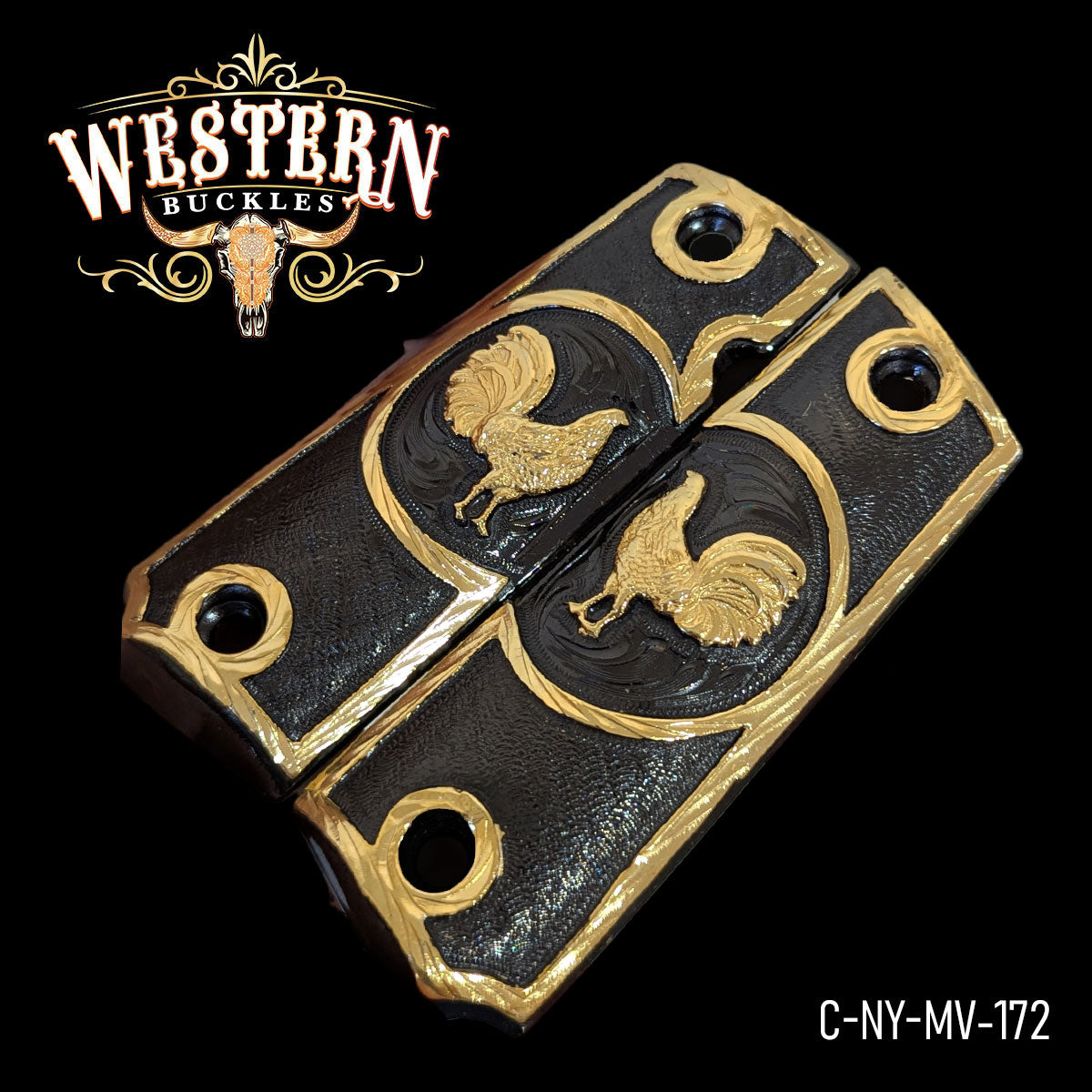 Black and gold colt 1911 pistol grips with rooster design, engraved for western style.
