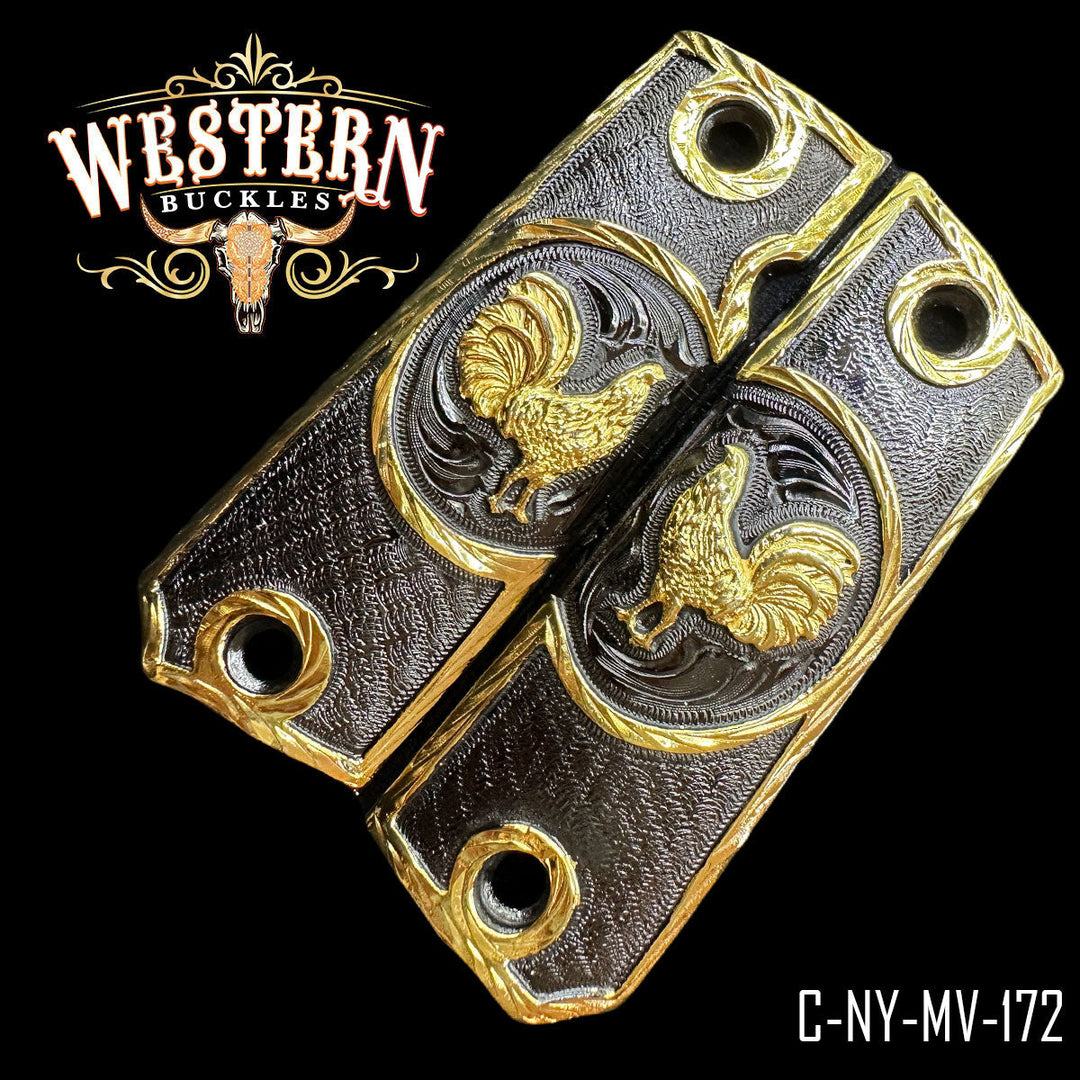 1911 Rooster Cachas — 24K Gold Plated &amp; Nickel — Detail View | Western Buckles Handcrafted | SKU C-NY-MV-172