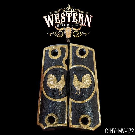 Black and gold custom pistol grips with engraved rooster design, Western style accessory.