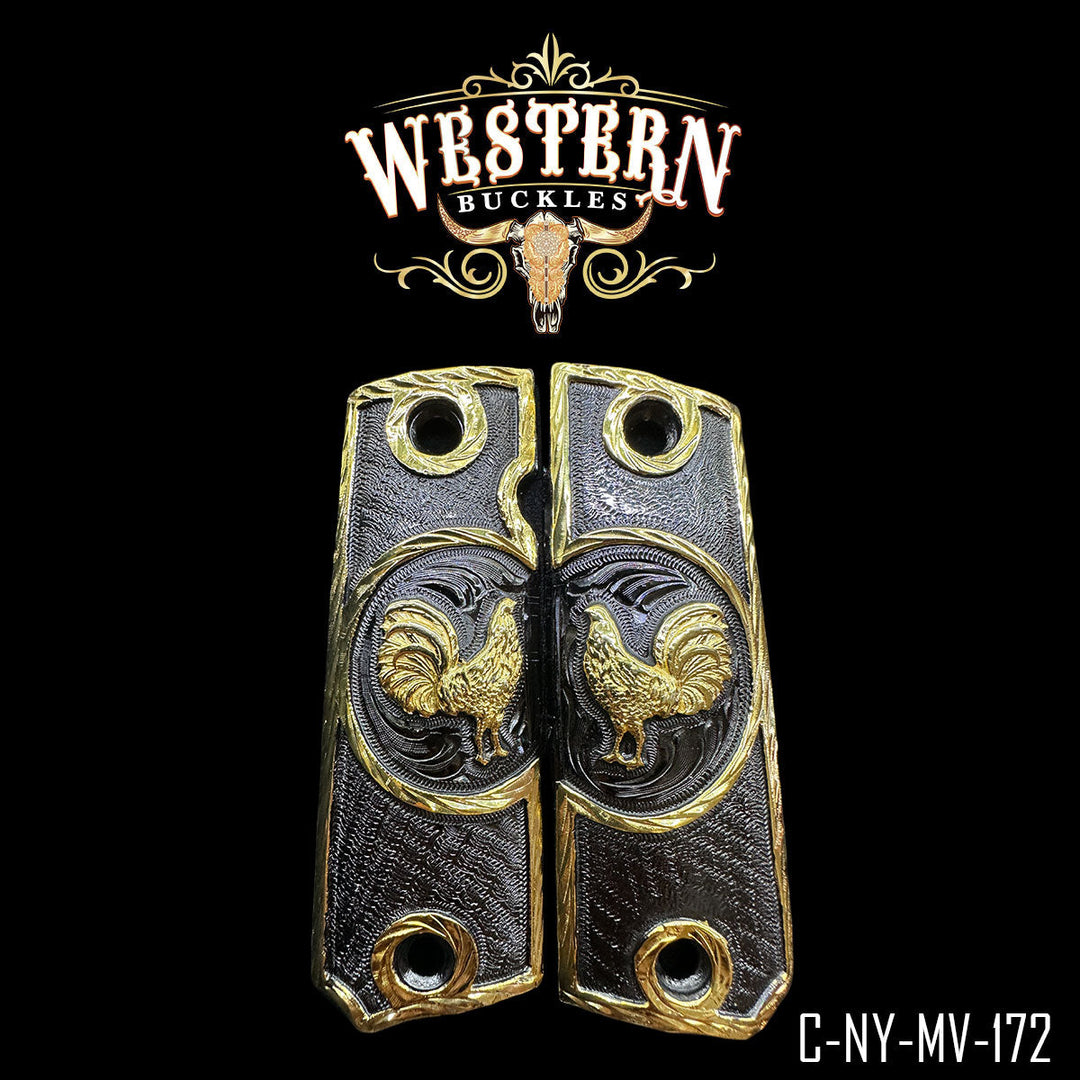 1911 Rooster Cachas — 24K Gold Plated &amp; Nickel | Handcrafted by Western Buckles | SKU C-NY-MV-172