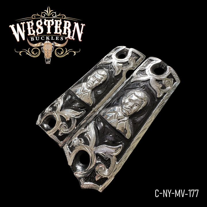 1911 Gun Grips — .925 Silver Plated &amp; Nickel — Detail View | Western Buckles Handcrafted | SKU C-NY-MV-177