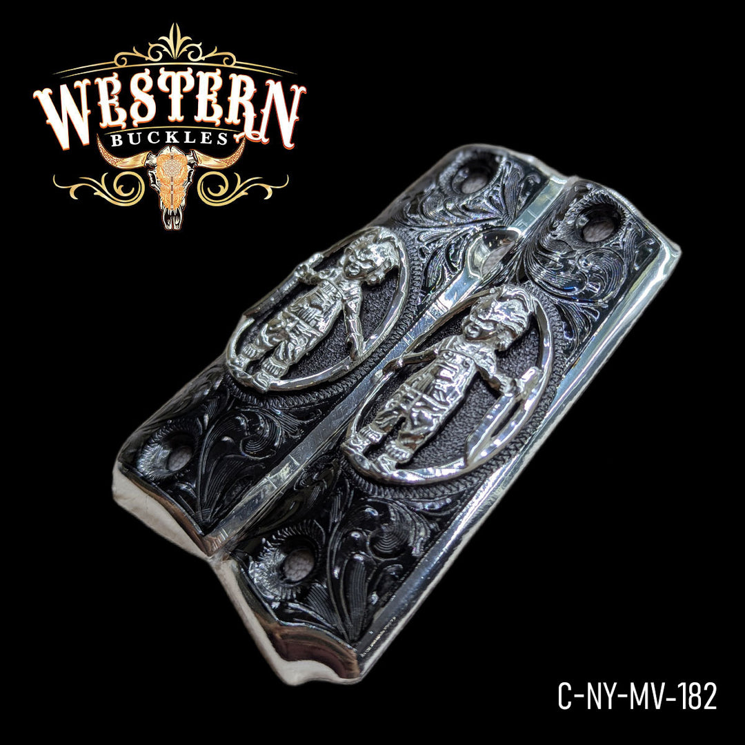1911 Gun Grips — .925 Silver Plated &amp; Black Nickel — Detail View | Western Buckles Handcrafted | SKU C-NY-MV-182