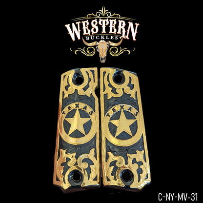 Gold and black Texas star engraved pistol grips with western scroll design, custom 1911 style.