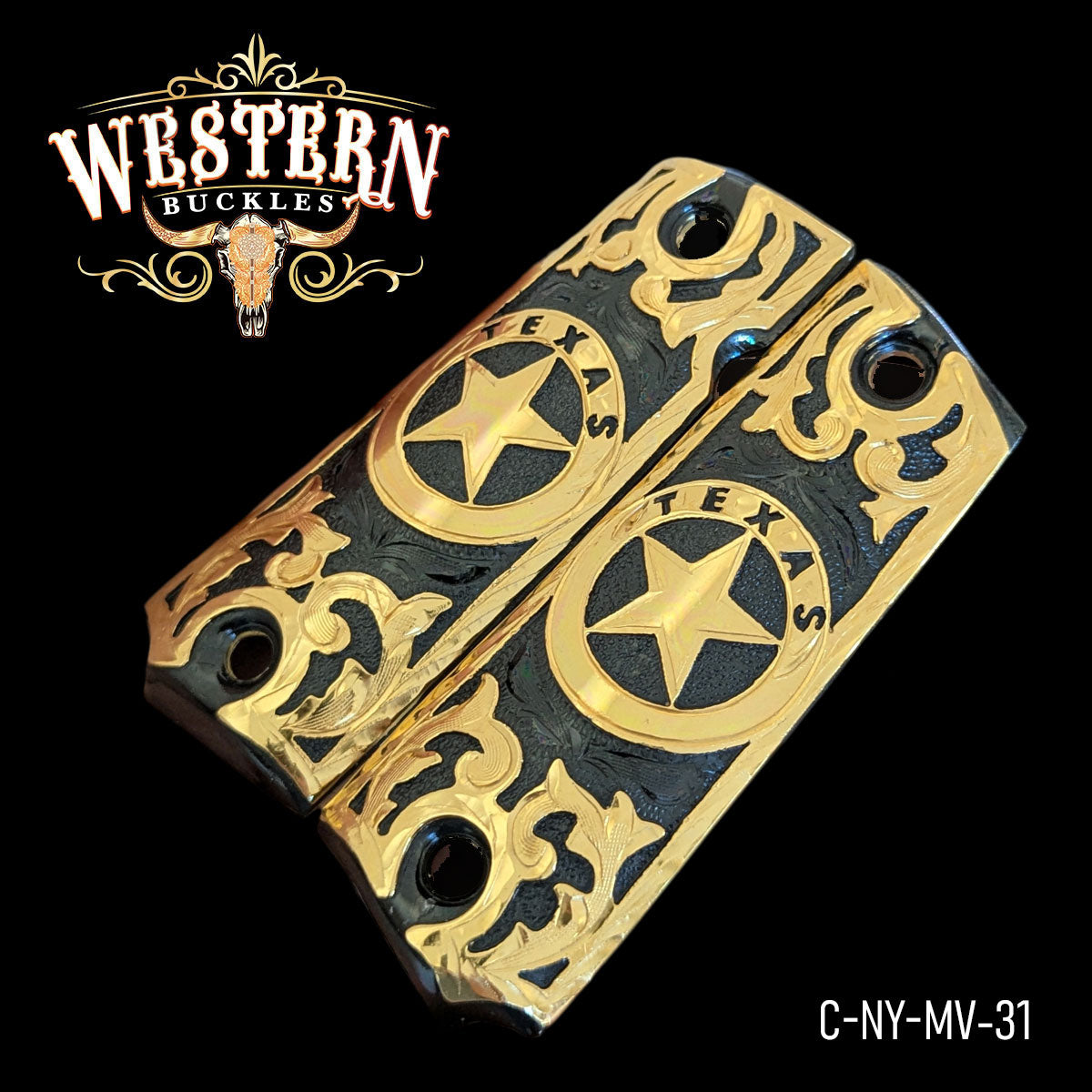 Gold and black custom Texas star Colt 1911 pistol grips with western engraved design