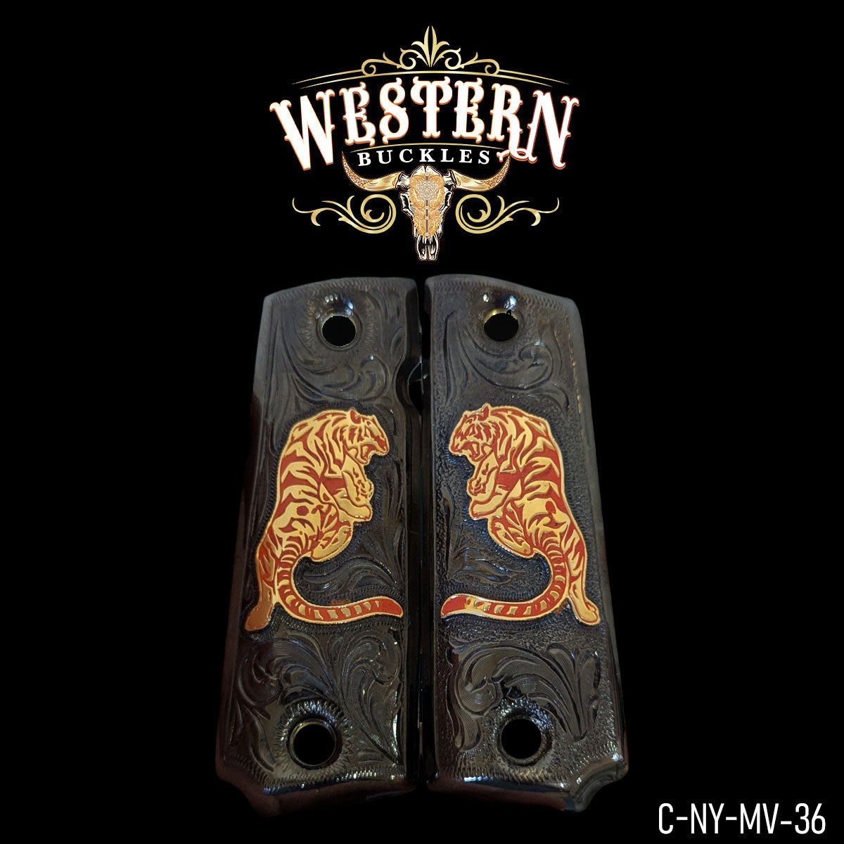 Custom Colt 1911 pistol grips with engraved black finish and gold tiger design