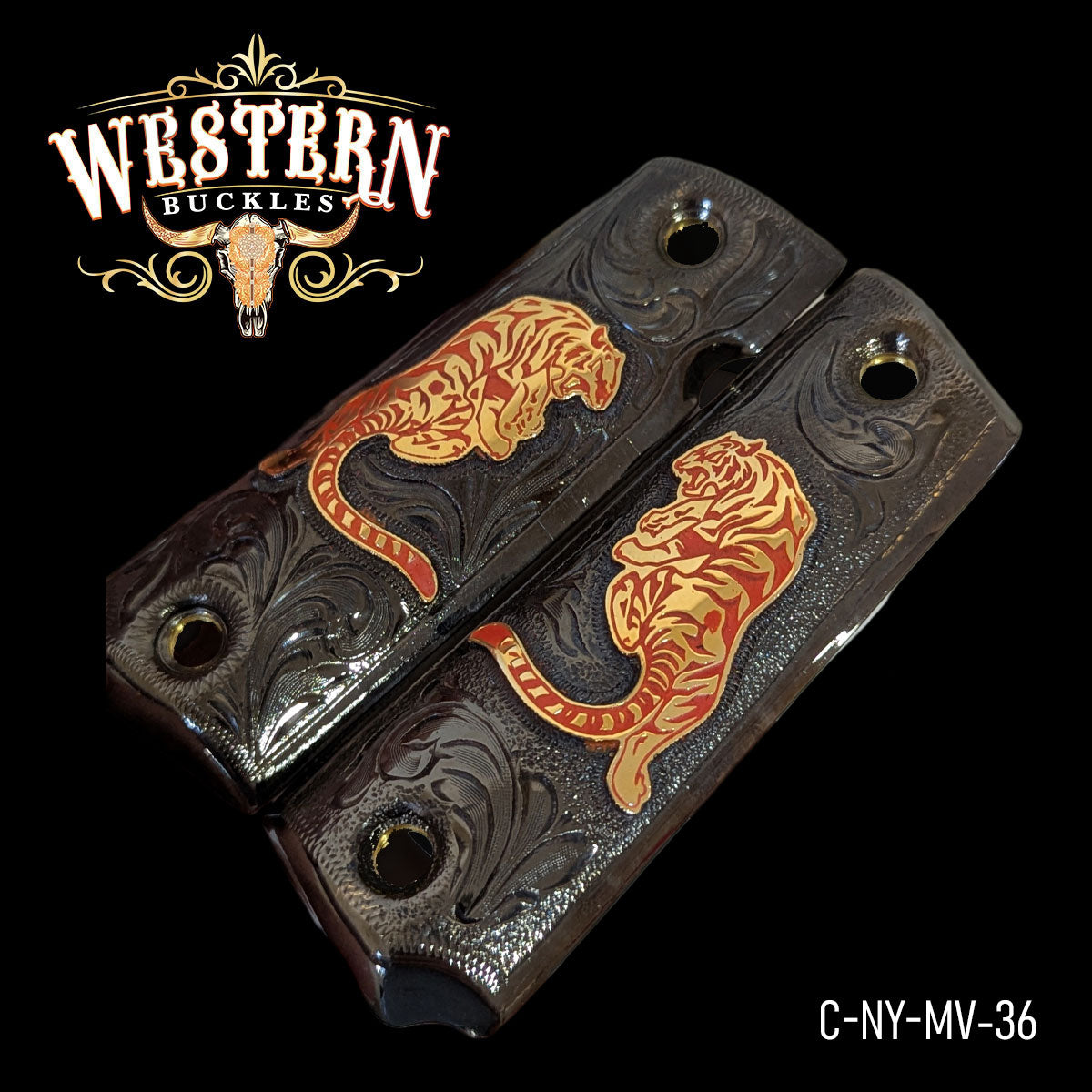 Custom black pistol grips with engraved orange tiger design and floral western pattern