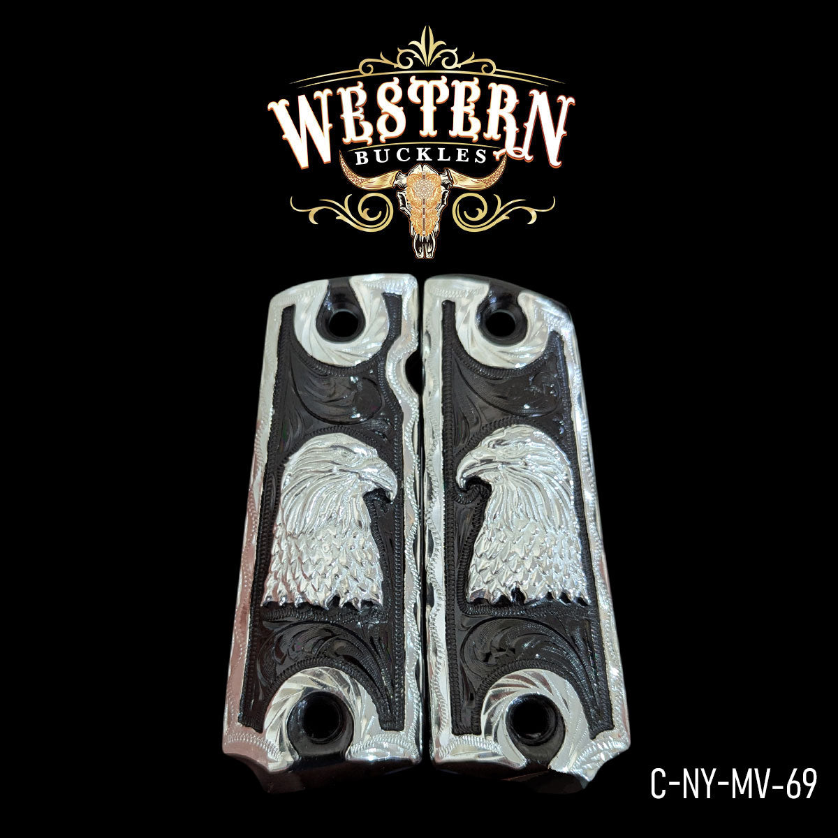 Custom silver pistol grips with engraved eagle head design, western style accessory