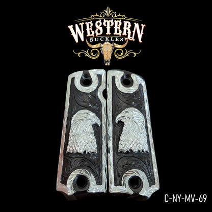 Custom silver pistol grips with engraved eagle head design, western style accessory
