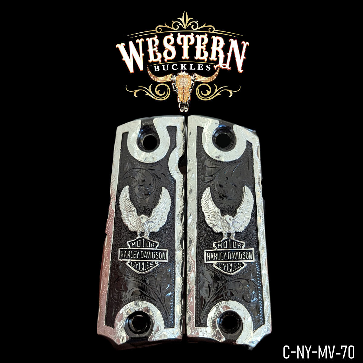 Custom Harley Davidson engraved 1911 pistol grips with eagle motif, black and silver detailing.