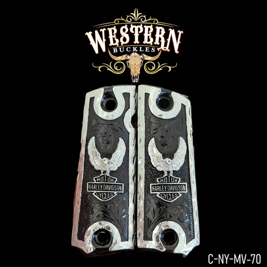 Custom Harley Davidson engraved 1911 pistol grips with eagle motif, black and silver detailing.