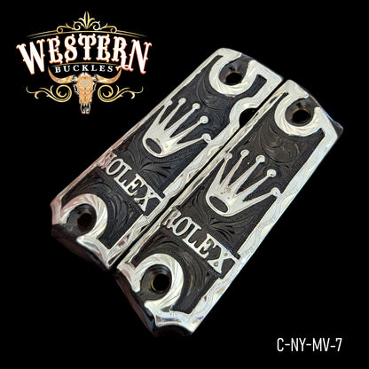 Custom engraved pistol grips silver and black with crown design and decorative details