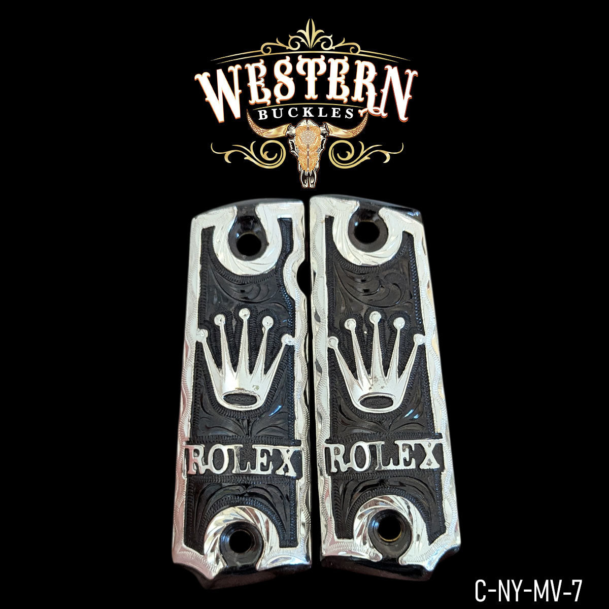 Custom engraved pistol grips with crown and lettering, black and silver, Western style design.