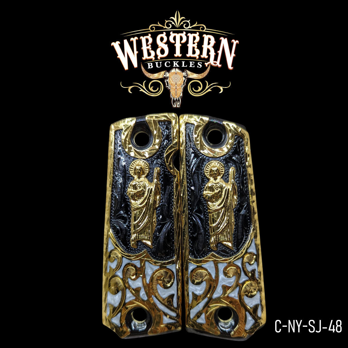 Cacha Colt 1911 San Judas Rameado Oro y Resina