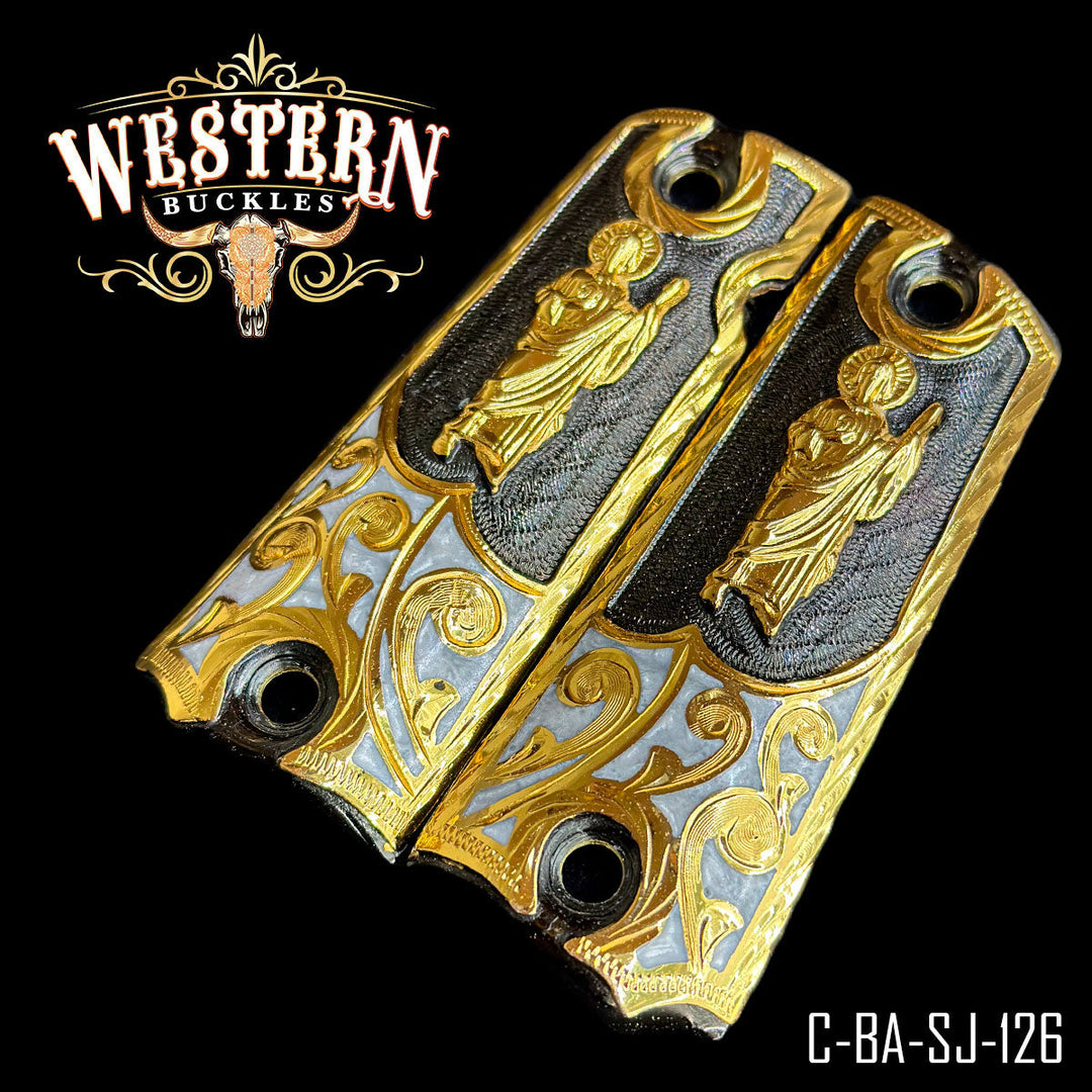 1911 San Judas Gun Grips — Detail View | Western Buckles Handcrafted | SKU C-NY-SJ-48