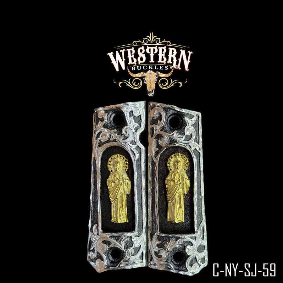 San Judas Custom Grips for Colt 1911 Full-Size — Silver-Plated & Black Nickel