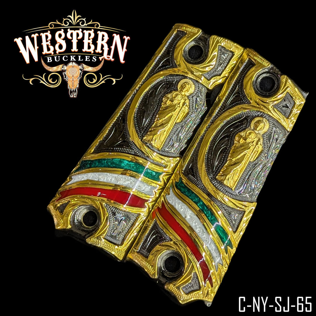 1911 Saint Jude Gun Grips — Detail View | Western Buckles Handcrafted | SKU C-NY-SJ-65