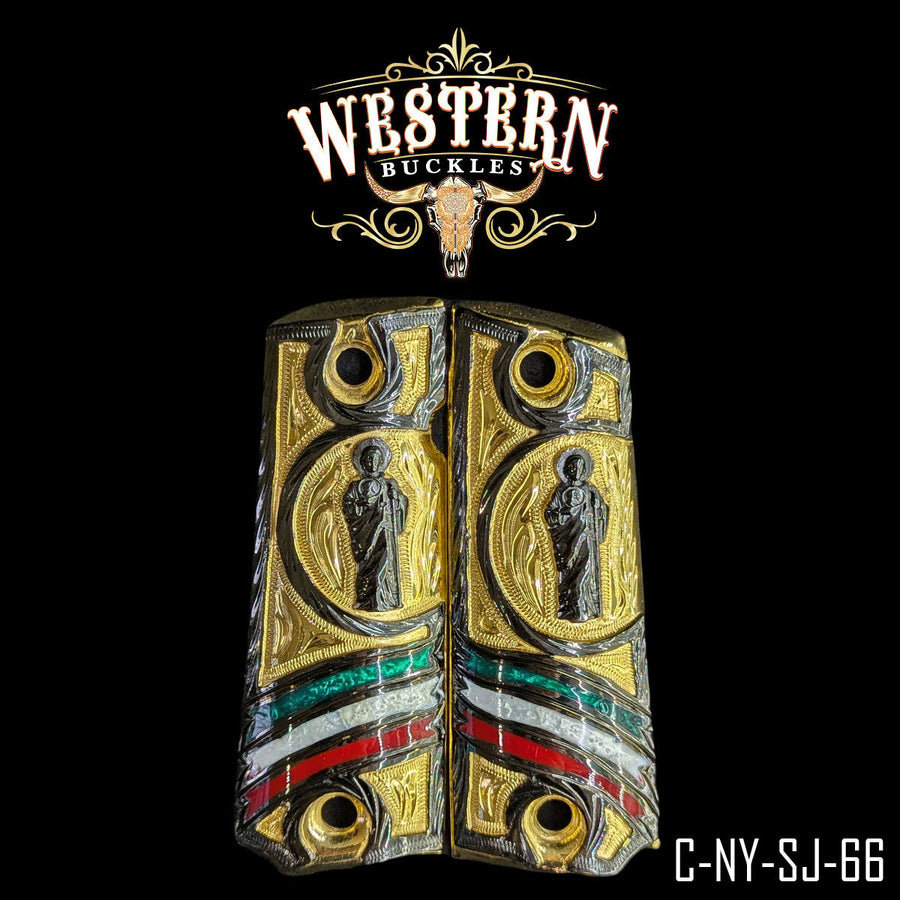 San Judas Custom Grips for Colt 1911 Full-Size — 24K Gold-Plated & Black Nickel