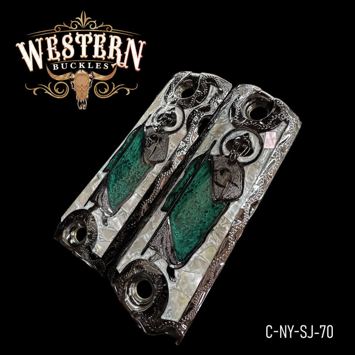 1911 Saint Jude Gun Grips — Artisan Resin | Nickel — Detail View | Western Buckles Handcrafted | SKU C-NY-SJ-70