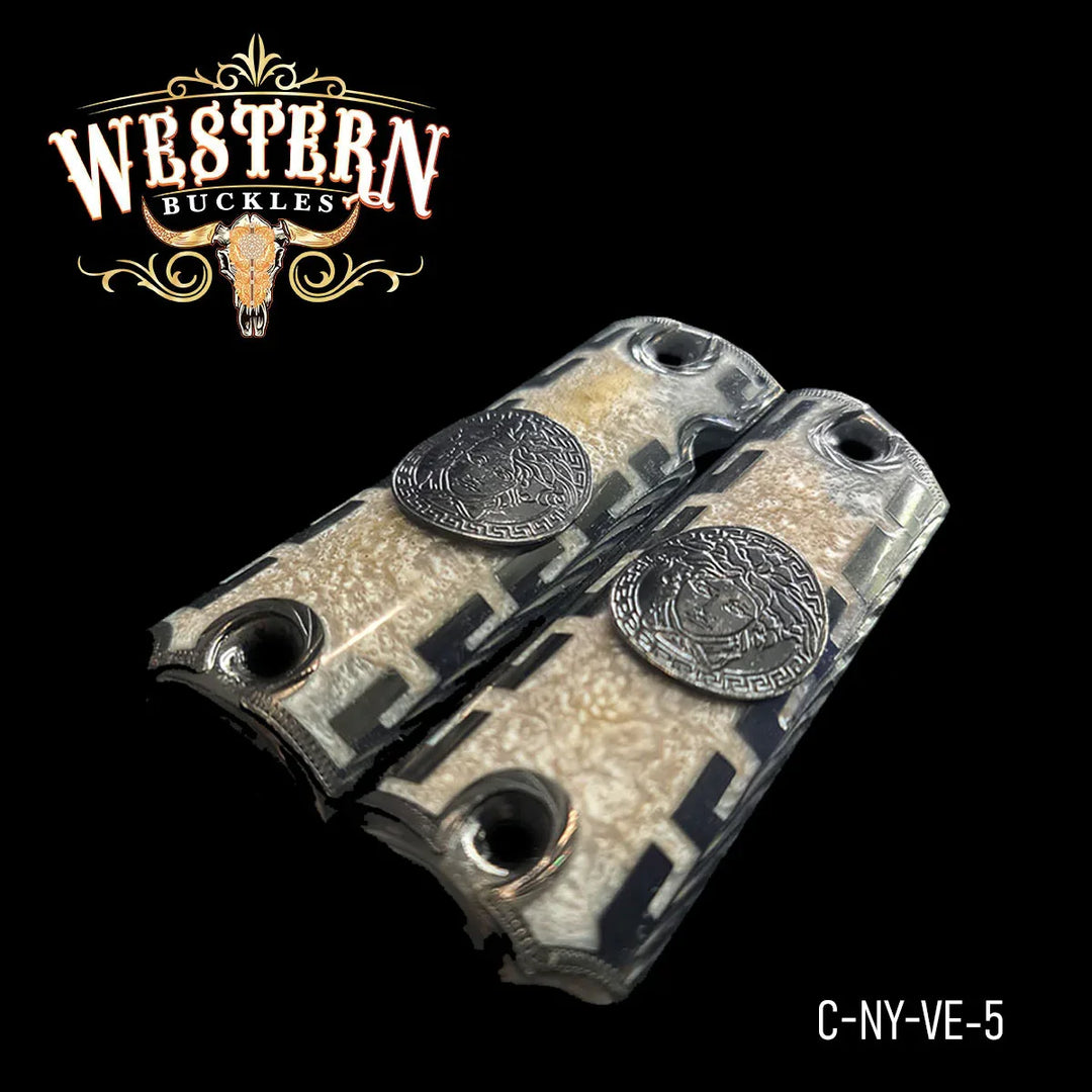 Custom 1911 pistol grips with engraved silver medallion, Western style, ivory texture