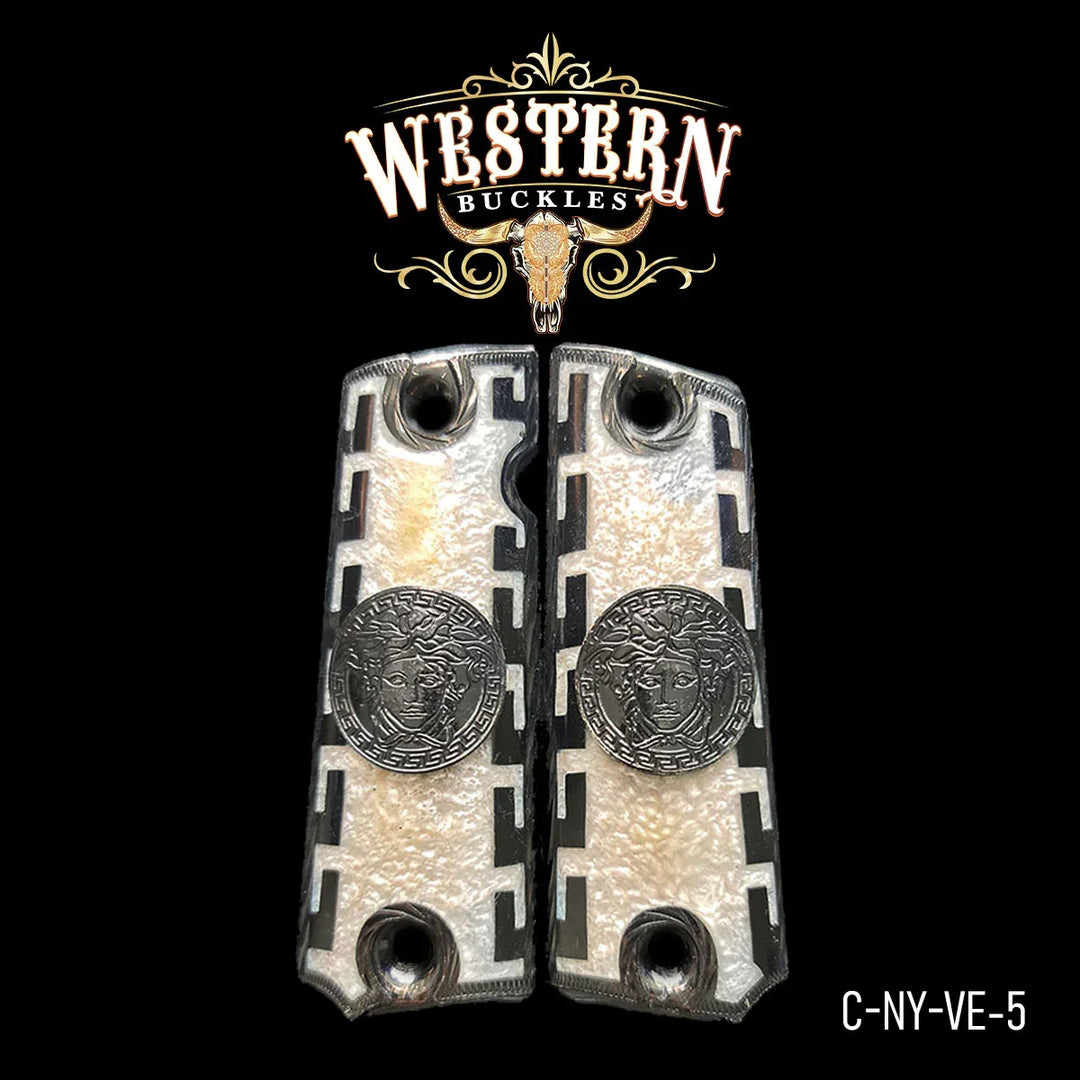 Custom pearl pistol grips with silver Medusa design for Colt 1911, decorative western style.