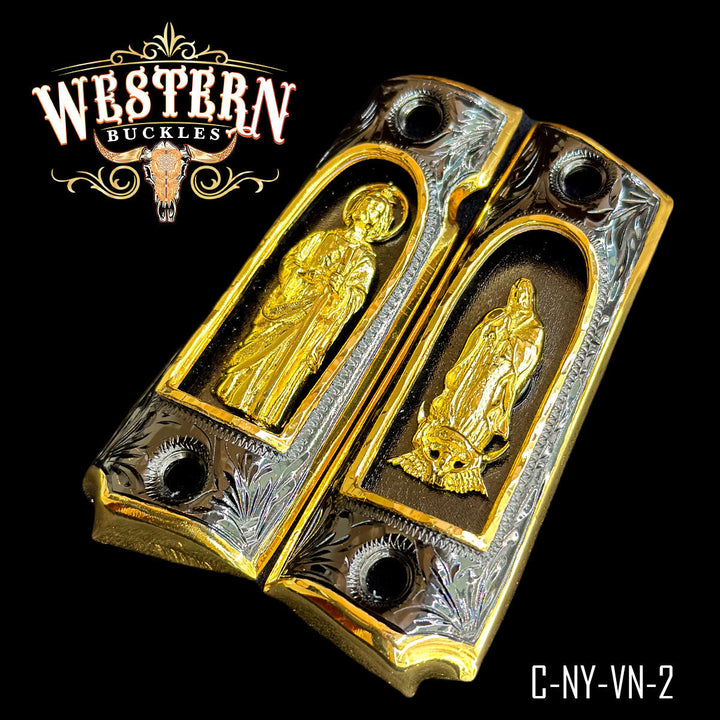 1911 San Judas Virgin of Guadalupe Gun Grips — Detail View | Western Buckles Handcrafted | SKU C-NY-VN-2