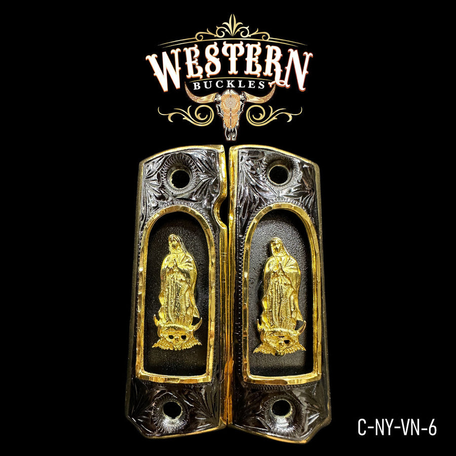 Virgen de Guadalupe Custom Grips for Colt 1911 Full-Size — 24K Gold-Plated & Black Nickel