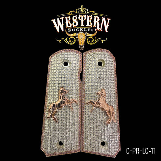 Cachas Colt 1911 Premium Caballo Oro Rosa Zirconias - Western Buckles