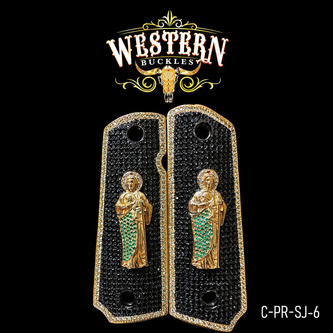 1911 Saint Jude Gun Grips — 24K Gold Plated | Handcrafted by Western Buckles | SKU C-PR-SJ-6