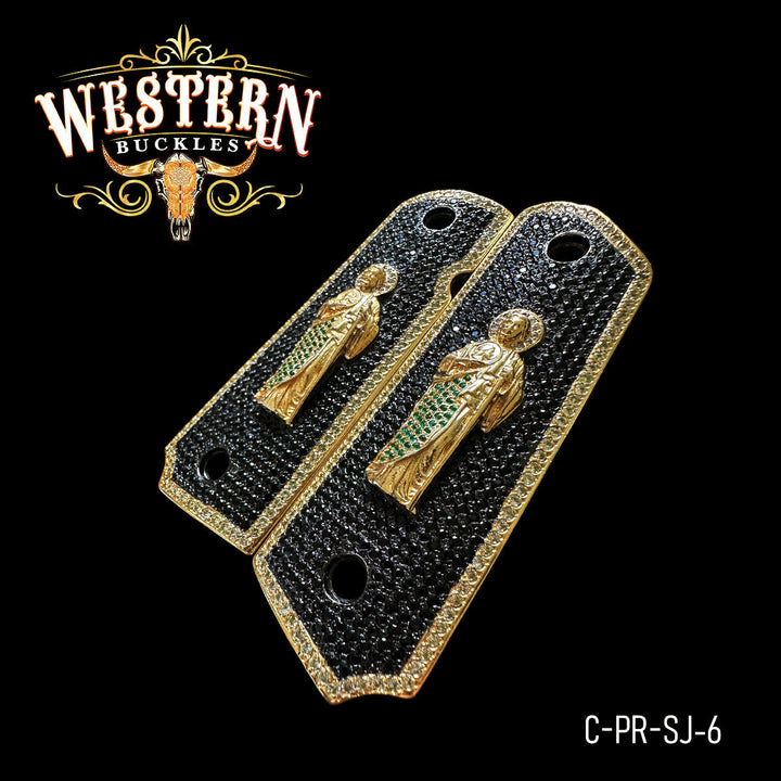 1911 Saint Jude Gun Grips — 24K Gold Plated — Detail View | Western Buckles Handcrafted | SKU C-PR-SJ-6