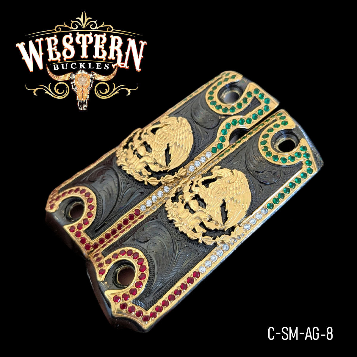 Custom 1911 pistol grips with gold eagle detail, red and green gemstone accents, engraved design