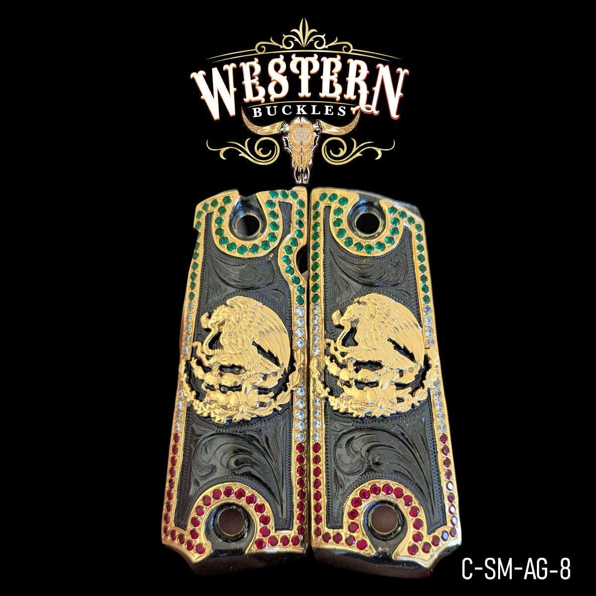 Custom Colt 1911 pistol grips with gold eagle design, red and green accents, engraved details.