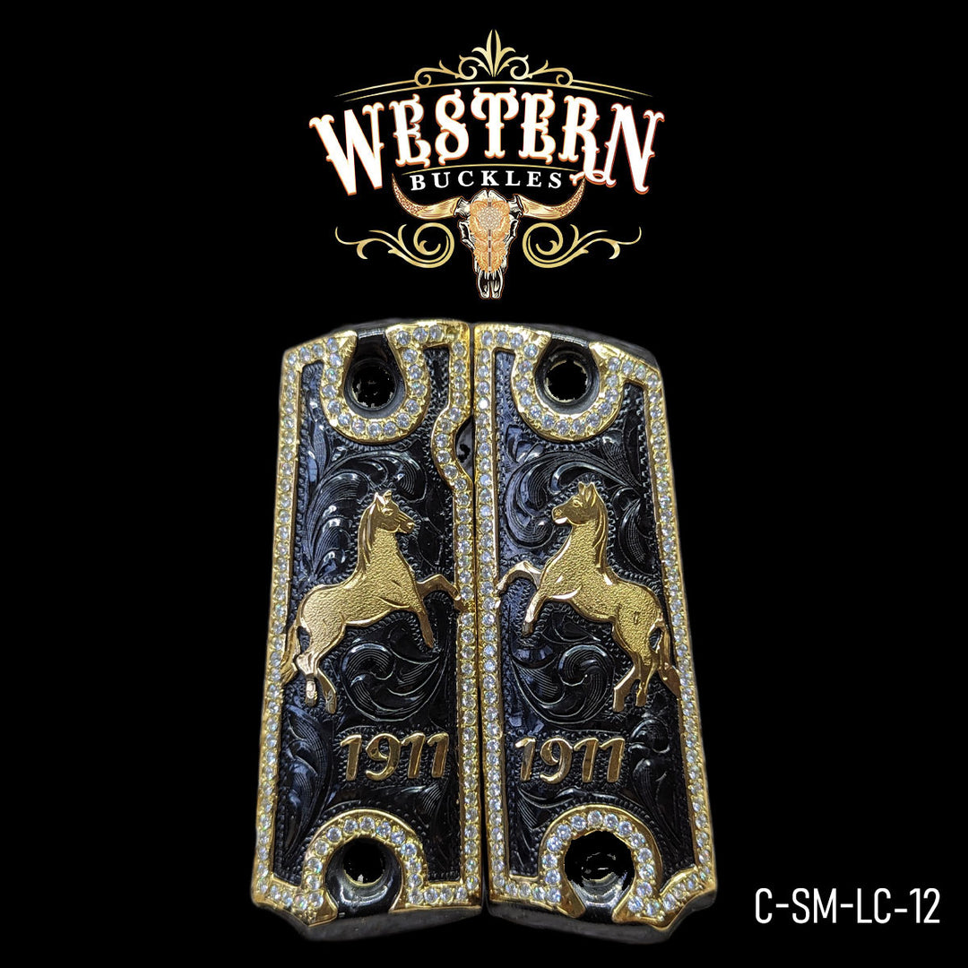 1911 Horse Gun Grips — Black Nickel | Handcrafted by Western Buckles | SKU C-SM-LC-12