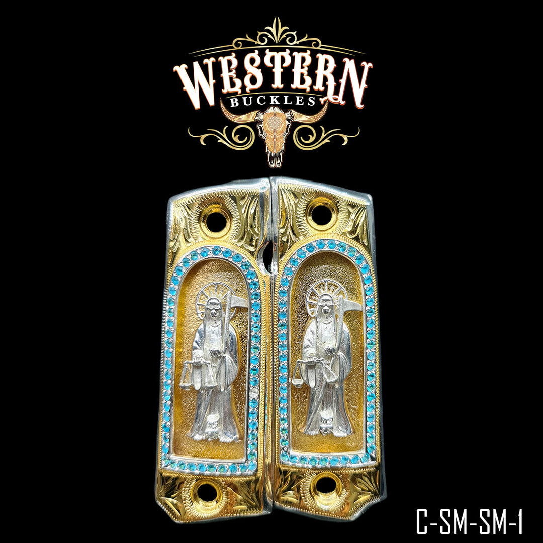 Colt 1911 Santa Muerte Cachas — 24K Gold Plated | Handcrafted by Western Buckles | SKU C-SM-SM-1