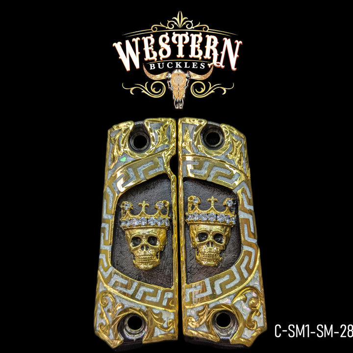 1911 Fullsize Skull Crown Gun Grips — Hand-Engraved | Handcrafted by Western Buckles | SKU C-SM1-SM-28
