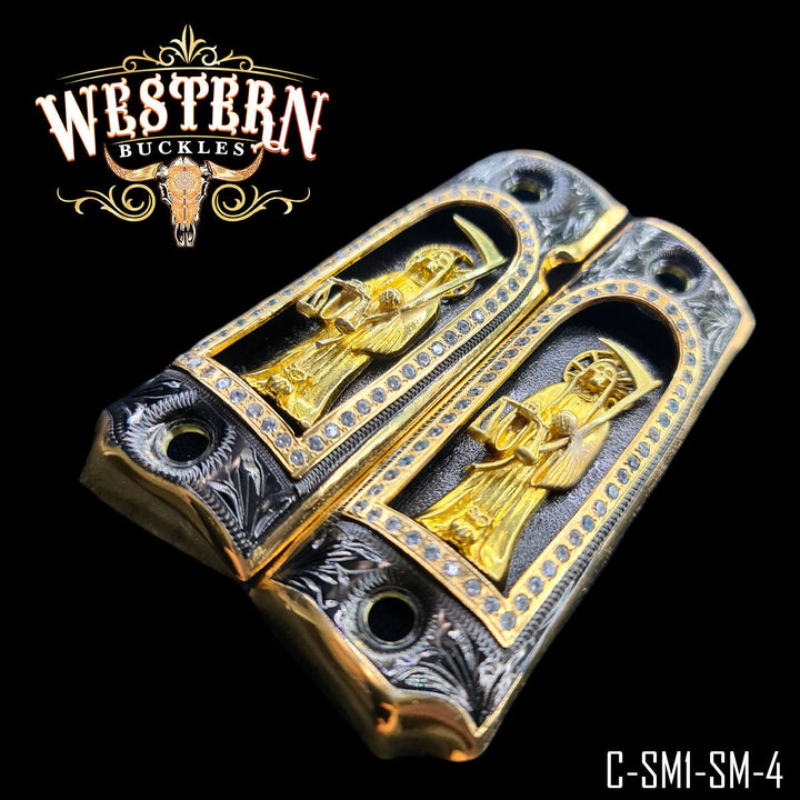 1911 Santa Muerte Cachas — Black Nickel — Detail View | Western Buckles Handcrafted | SKU C-SM1-SM-4