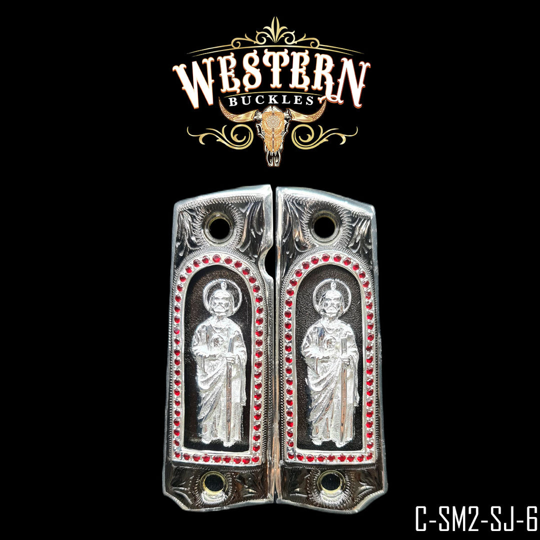 Colt 1911 San Judas Gun Grips — Nickel | Handcrafted by Western Buckles | SKU C-SM2-SJ-6