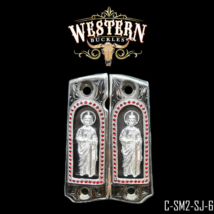 Colt 1911 San Judas Gun Grips — Nickel | Handcrafted by Western Buckles | SKU C-SM2-SJ-6