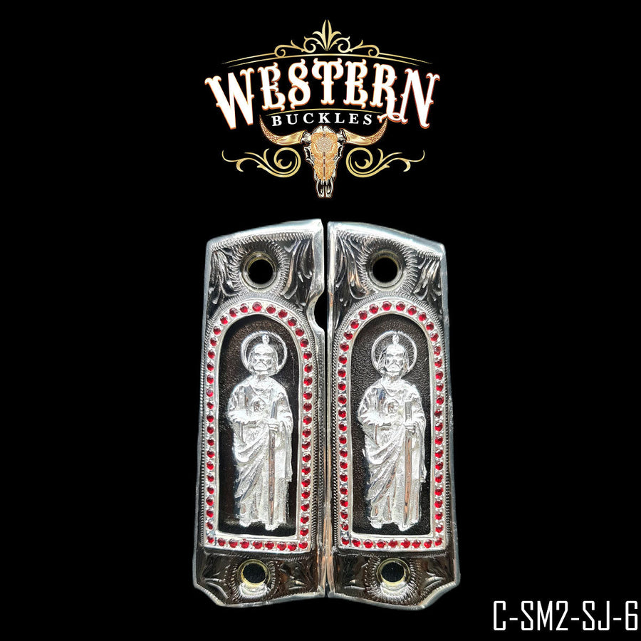 San Judas Custom Grips for Colt 1911 Full-Size — Silver-Plated & Black Nickel with Zirconia Stones